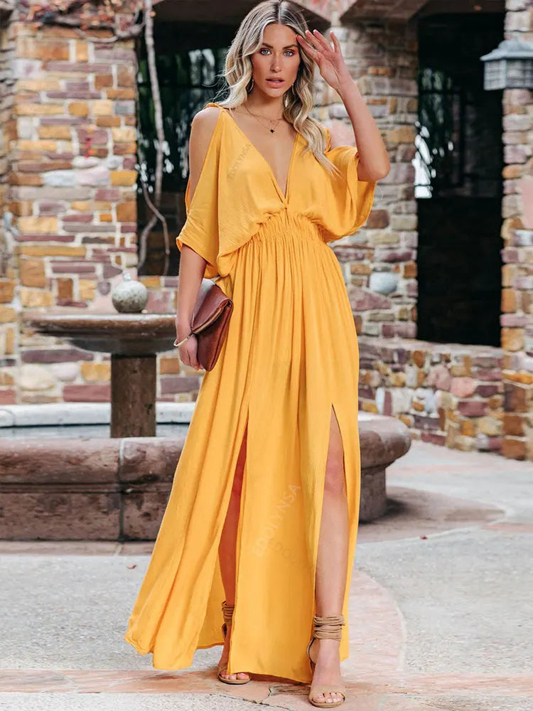 2024 OffShoulder Slit Maxi Boho Beach Dress