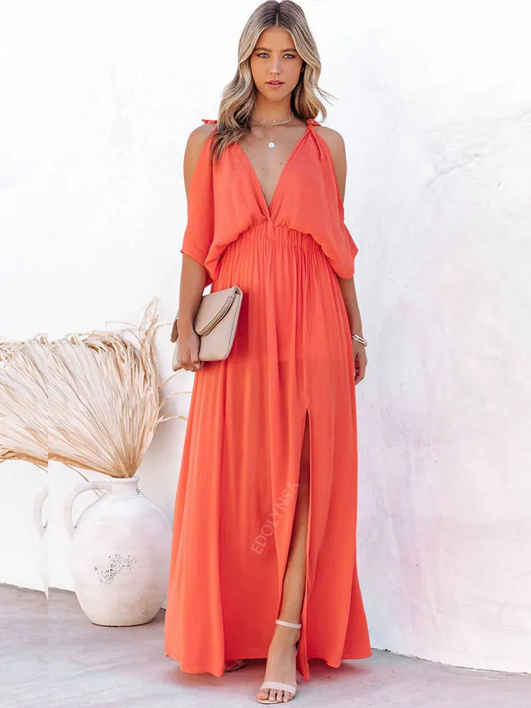 2024 OffShoulder Slit Maxi Boho Beach Dress