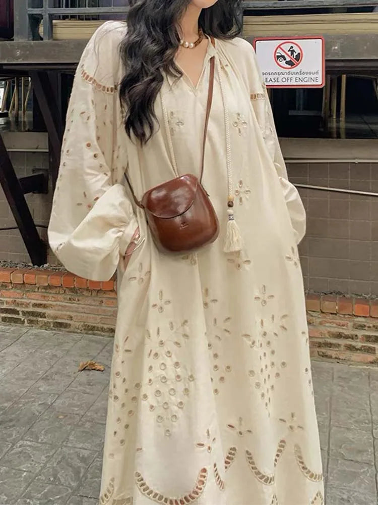 2024 Korean Style Retro Long Sleeve VNeck Boho Hollow Out Maxi Dress
