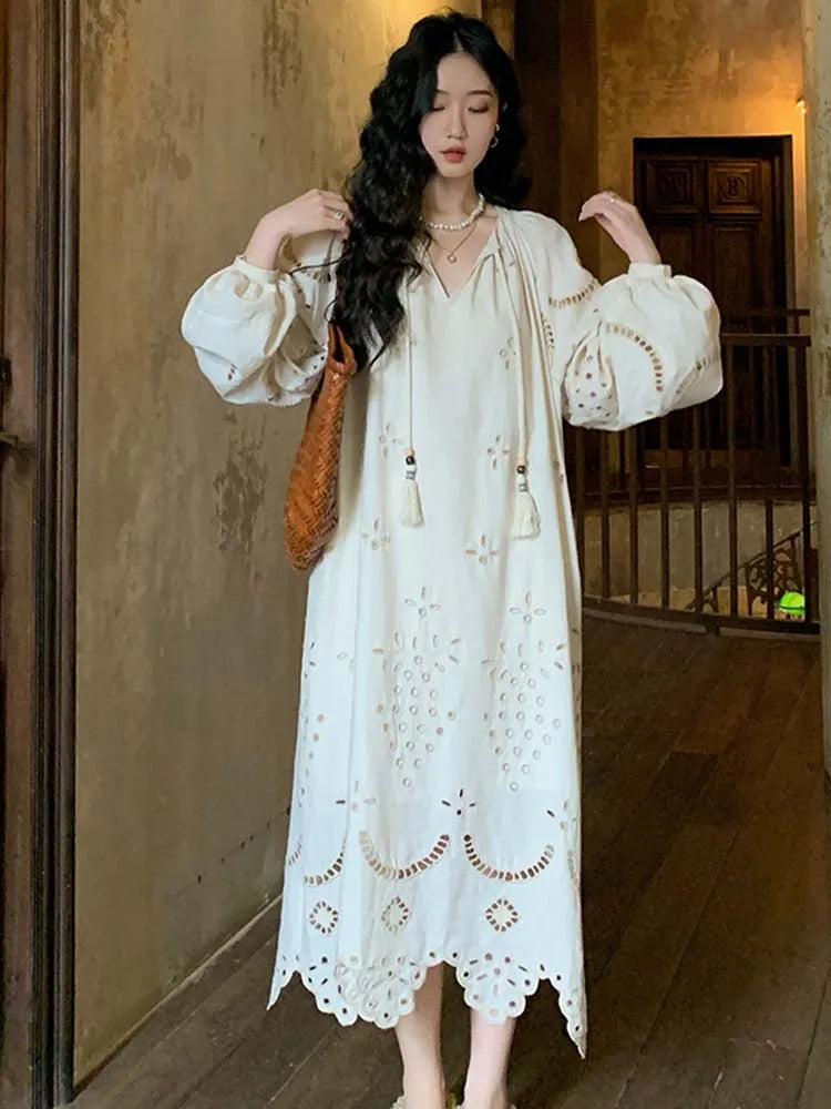 2024 Korean Style Retro Long Sleeve VNeck Boho Hollow Out Maxi Dress
