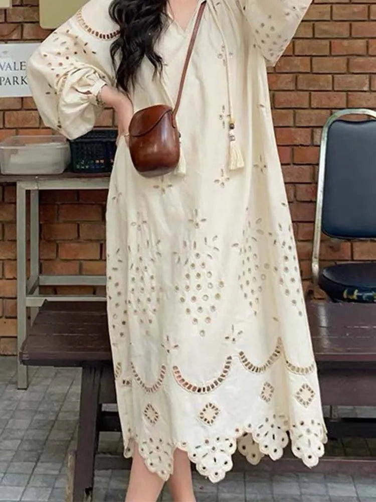 2024 Korean Style Retro Long Sleeve VNeck Boho Hollow Out Maxi Dress