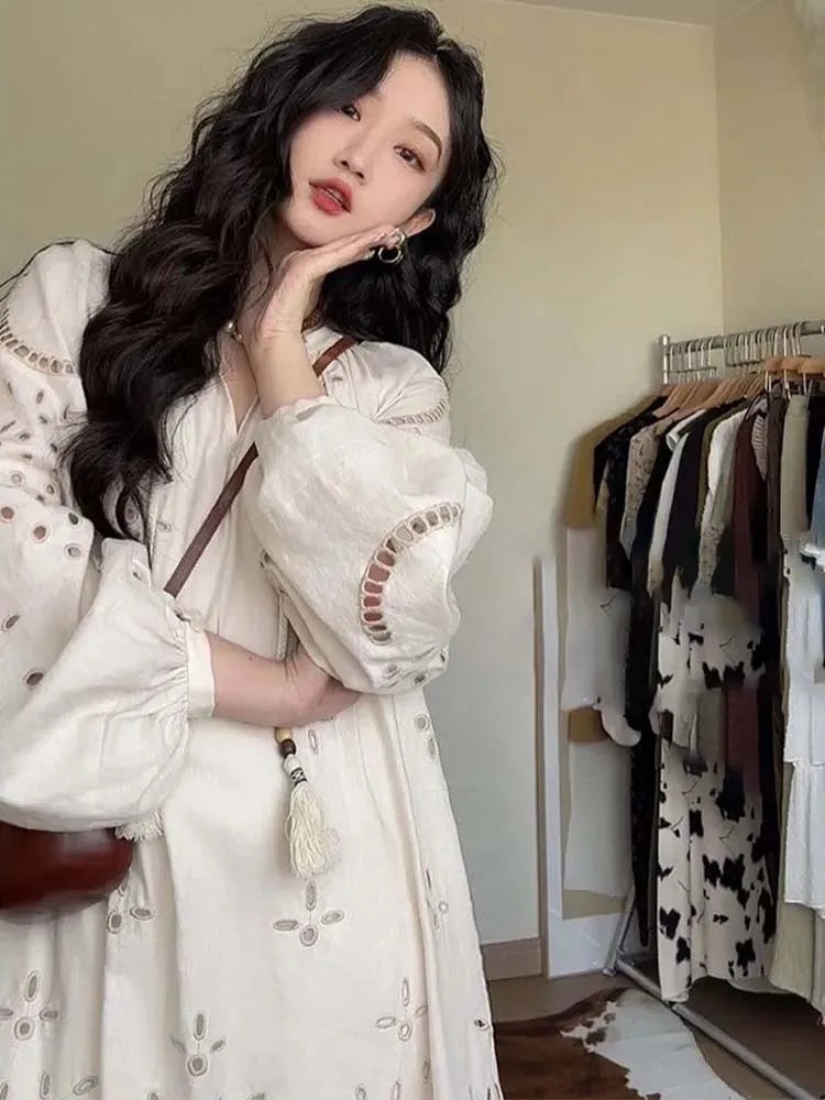 2024 Korean Style Retro Long Sleeve VNeck Boho Hollow Out Maxi Dress