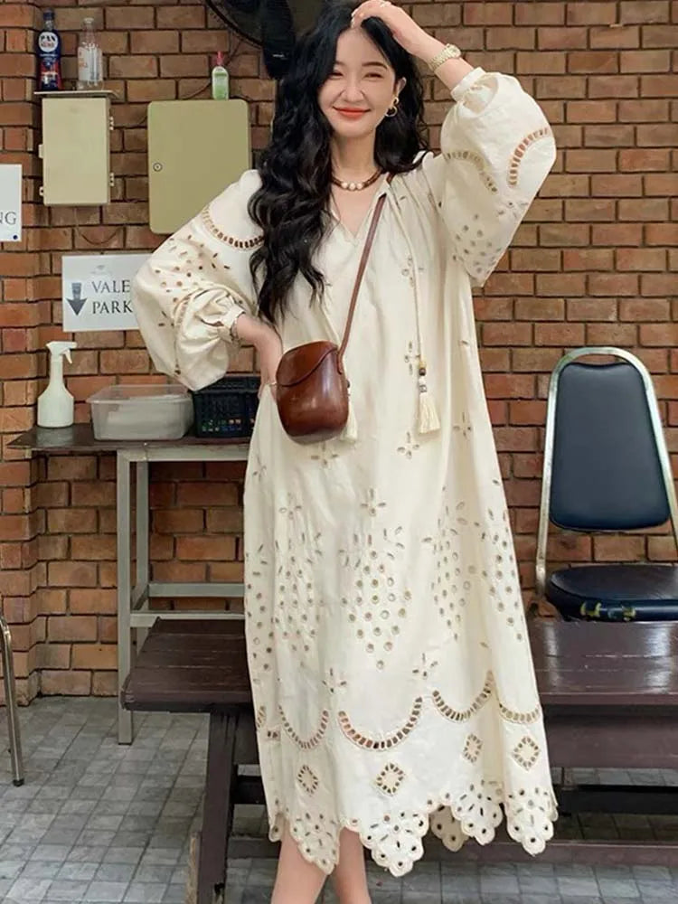 2024 Korean Style Retro Long Sleeve VNeck Boho Hollow Out Maxi Dress