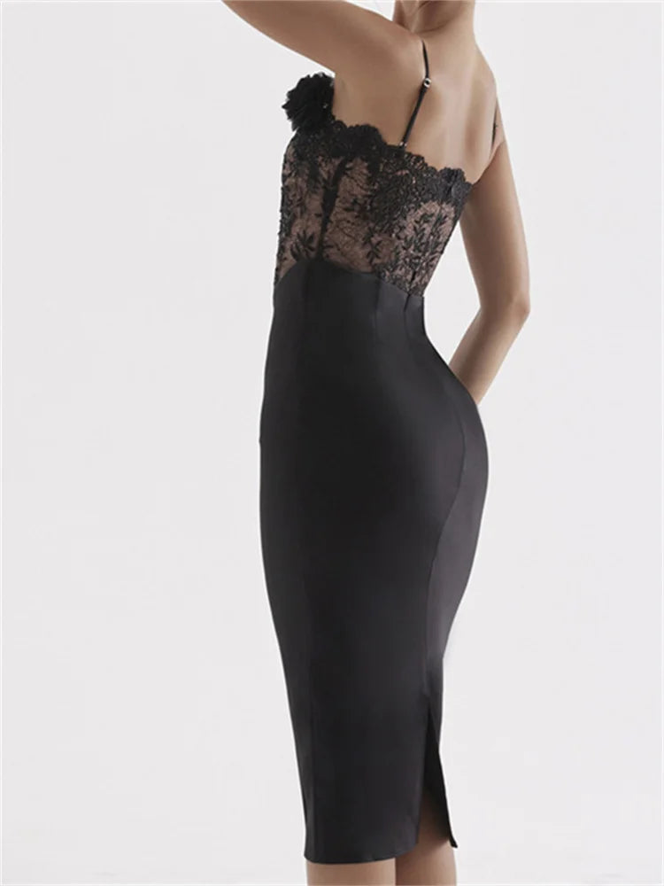 Flower 3D Patchwork Lace Sleeveless See Through Slim Black Midi Dress