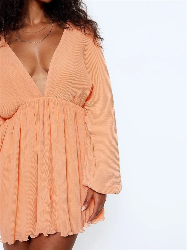 Long Autumn Sleeve Deep Vneck Party Mini Dresses