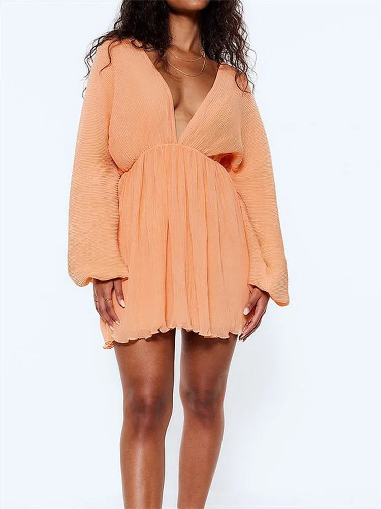 Long Autumn Sleeve Deep Vneck Party Mini Dresses