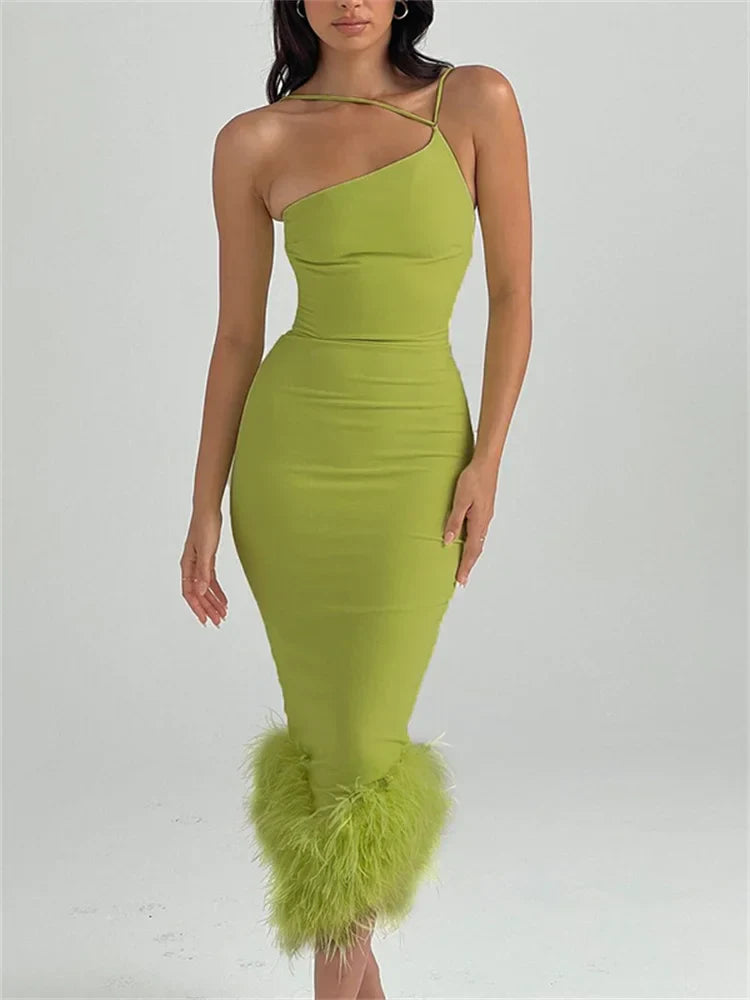 Graceful Feather Hem Sleeveless Party Club Asymmetrical Strap Midi Dress