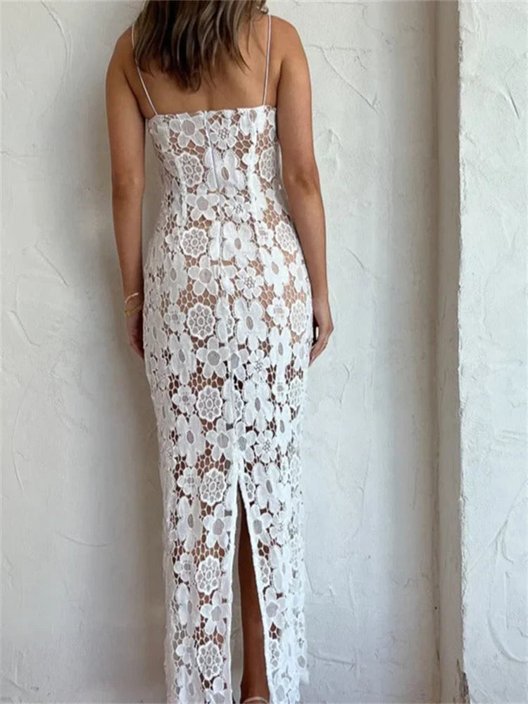 2024 Graceful Lace Flower Hollow Out Sleeveless Maxi Dress
