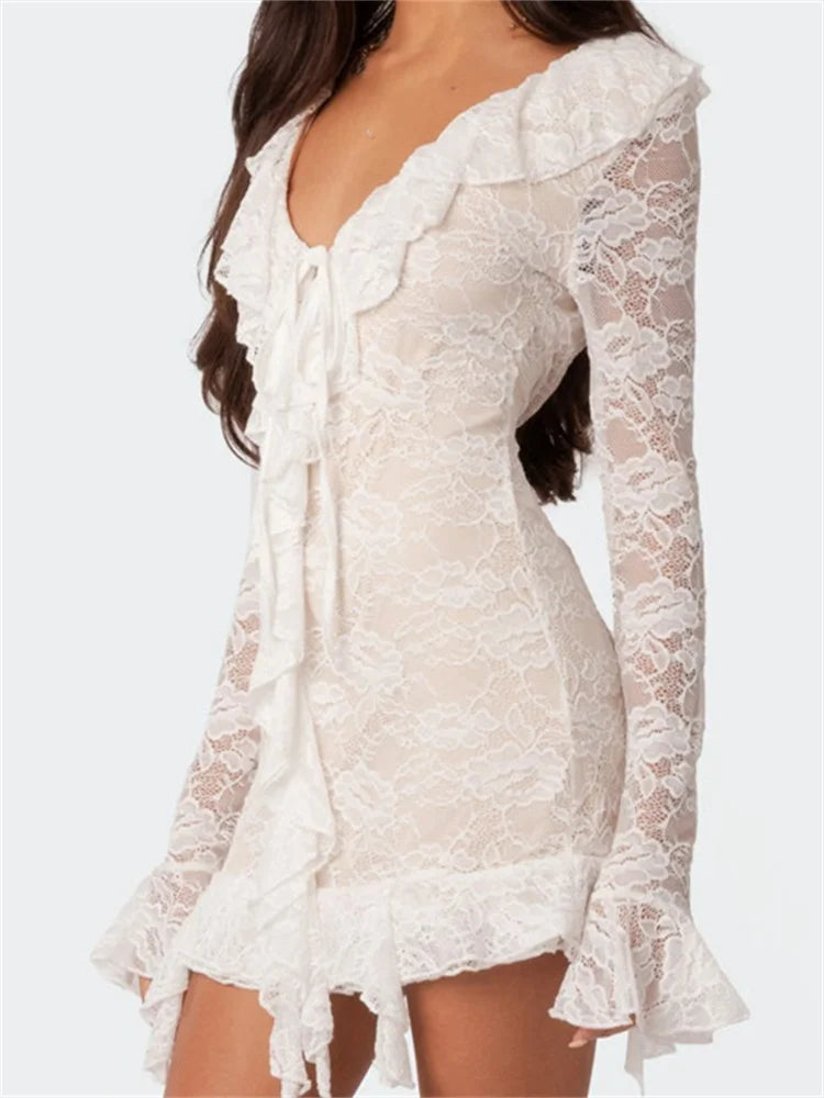 Sophisticated Lace Mesh Long Sleeve Mini Dresses