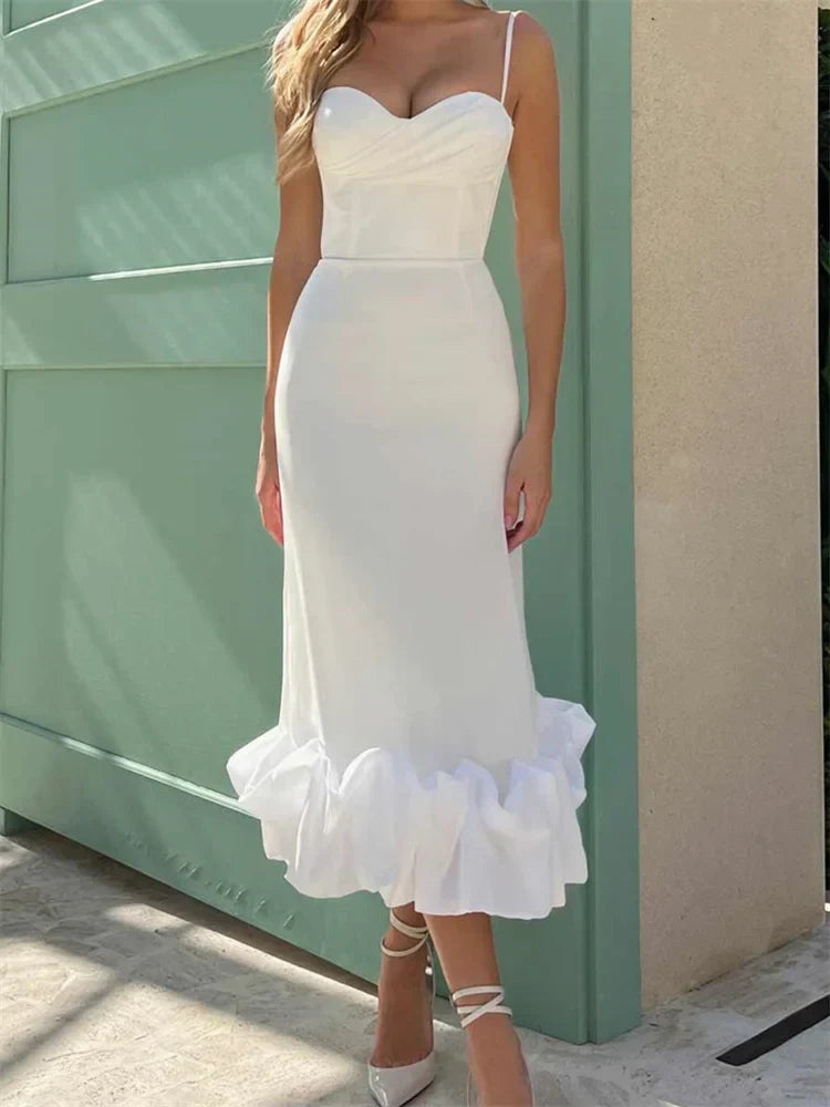 Sophisticated Cocktail Sleeveless Low Cut VNeck Slim Ruched Ruffles Midi Dress