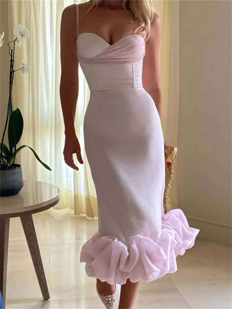 Sophisticated Cocktail Sleeveless Low Cut VNeck Slim Ruched Ruffles Midi Dress