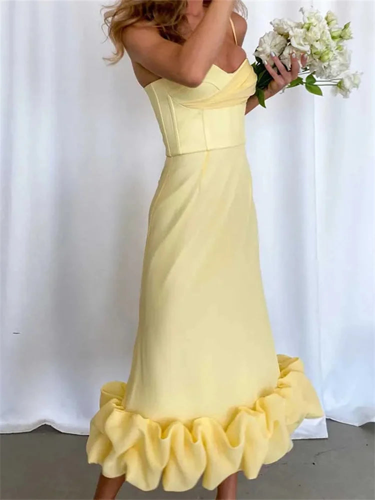 Sophisticated Cocktail Sleeveless Low Cut VNeck Slim Ruched Ruffles Midi Dress