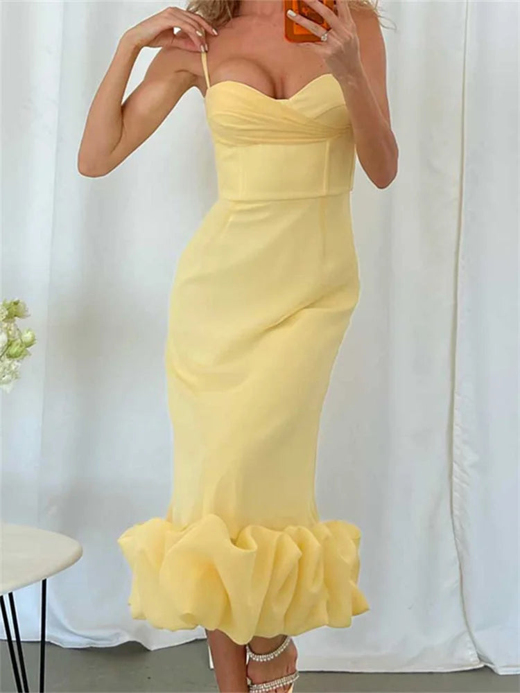Sophisticated Cocktail Sleeveless Low Cut VNeck Slim Ruched Ruffles Midi Dress