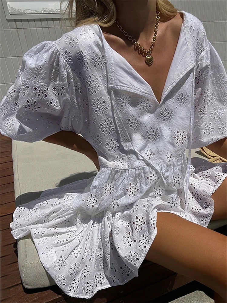 Refined Lace Floral Vneck Mini Dresses