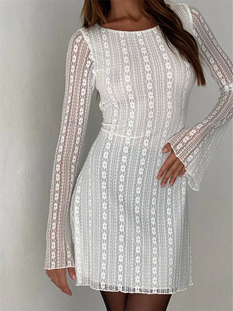 See Mesh Through Round Neck Mini Dresses