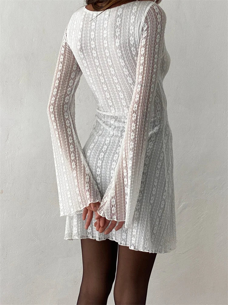 See Mesh Through Round Neck Mini Dresses