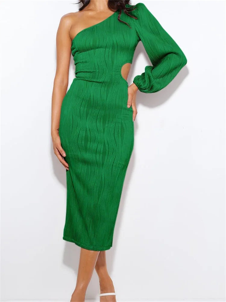 Shoulder Off Long Sleeve Ruched Solid Color Hollow Out Backless Midi Dress