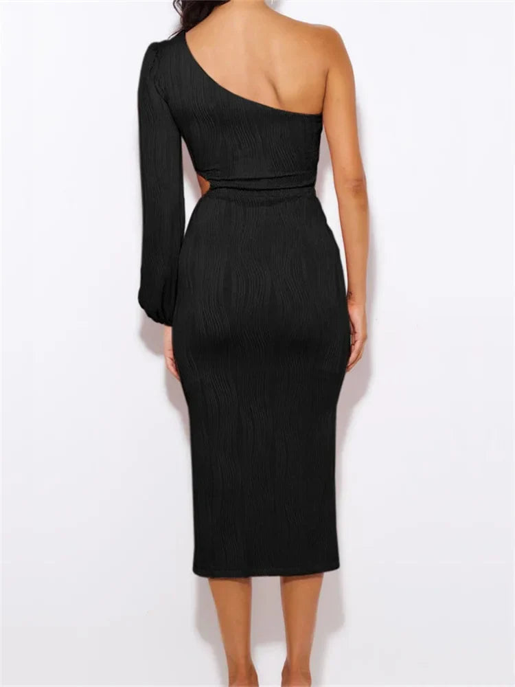 Shoulder Off Long Sleeve Ruched Solid Color Hollow Out Backless Midi Dress