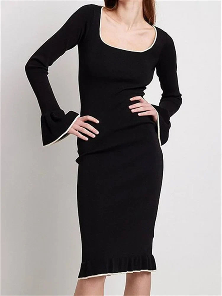 Sophisticated Patchwork Square Neck Long Flare Sleeve Ruffles Backless Midi Dress