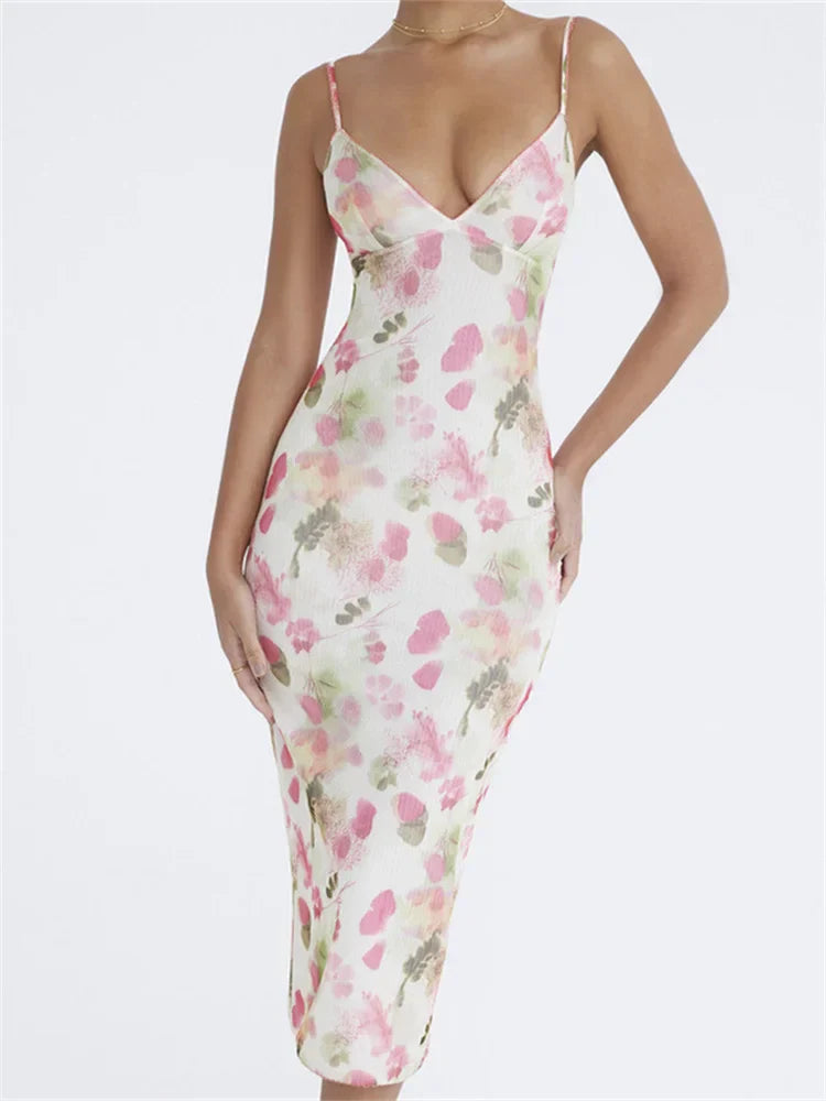 Sleeveless Strap Sling VNeck Botanical Print Slim Cocktail Party Midi Dress