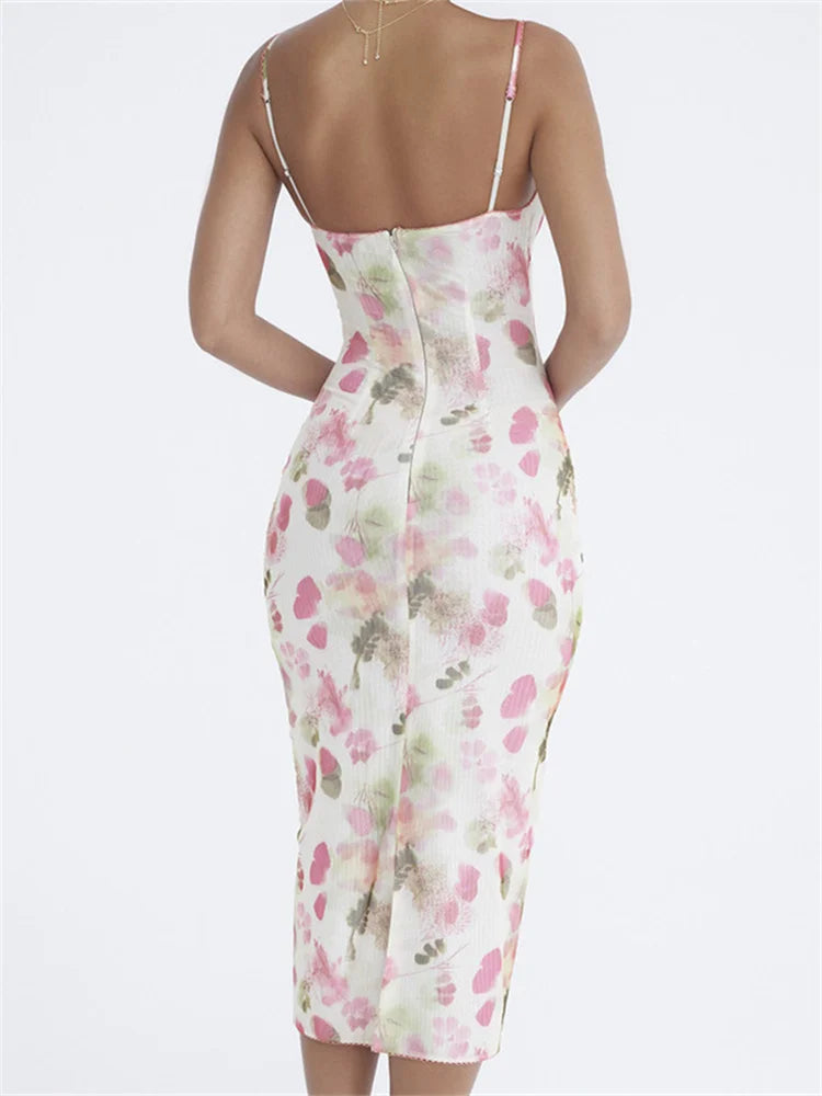 Sleeveless Strap Sling VNeck Botanical Print Slim Cocktail Party Midi Dress