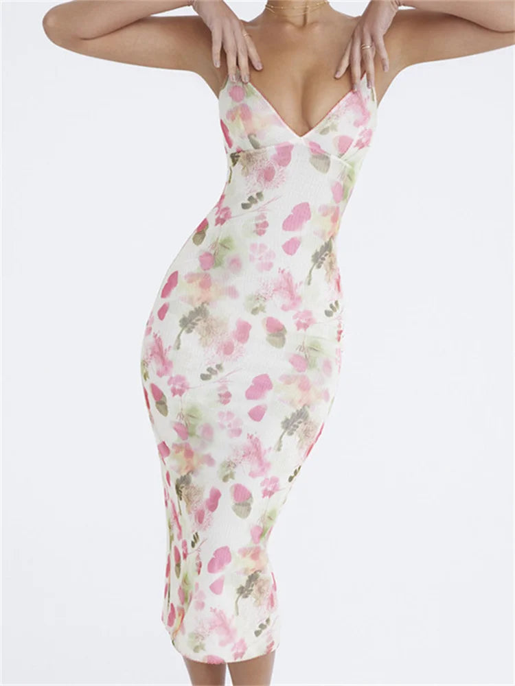 Sleeveless Strap Sling VNeck Botanical Print Slim Cocktail Party Midi Dress