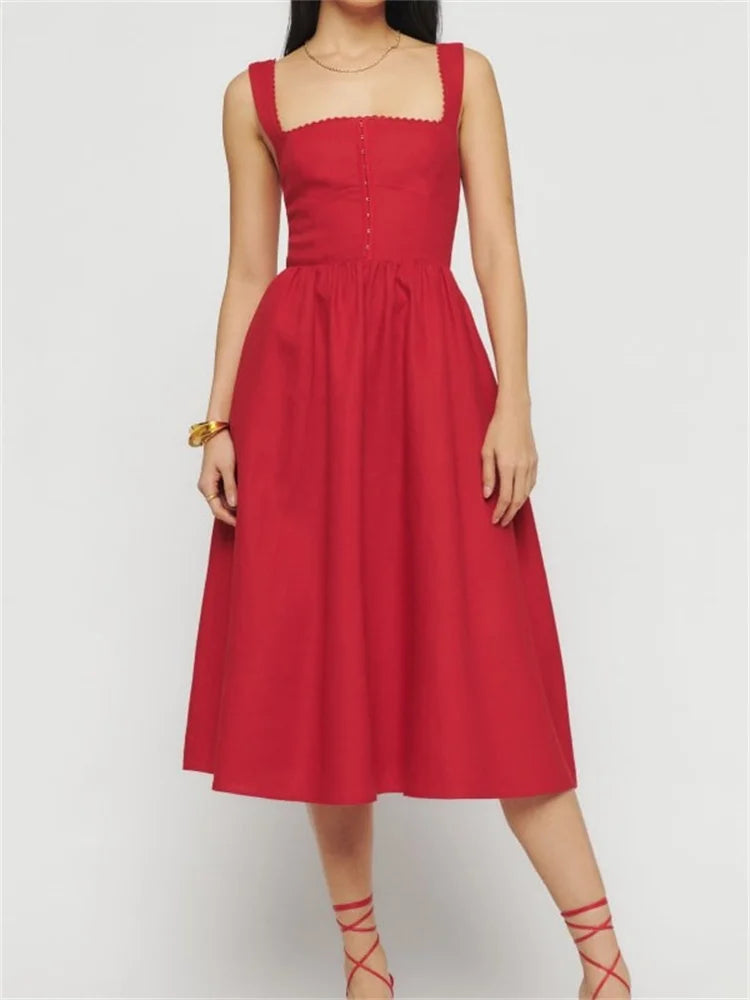 Refined Square Neck ButtonUp Sling High Waist ALine Summer Midi Dress