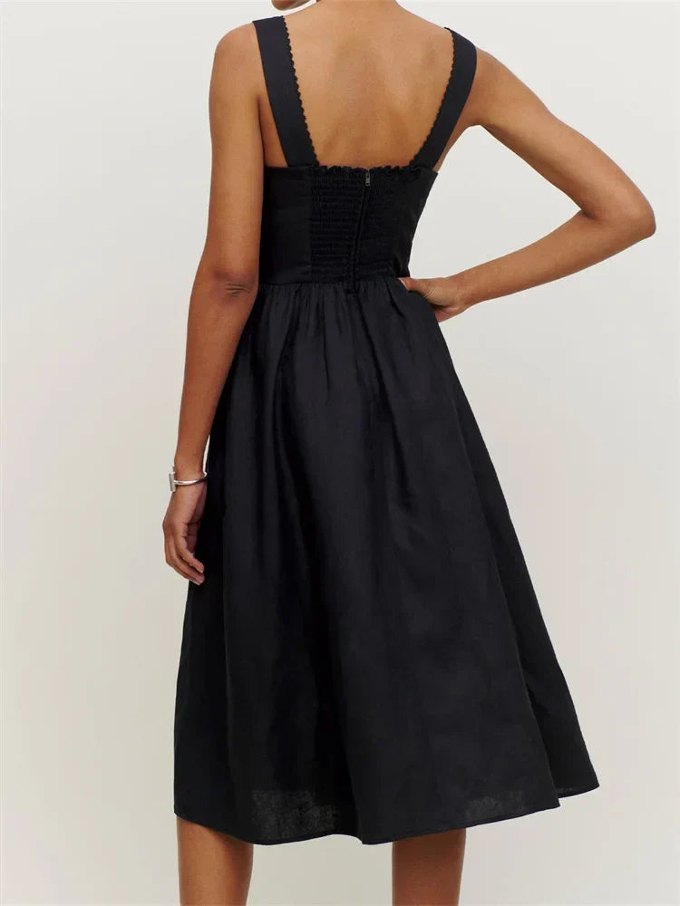 Refined Square Neck ButtonUp Sling High Waist ALine Summer Midi Dress
