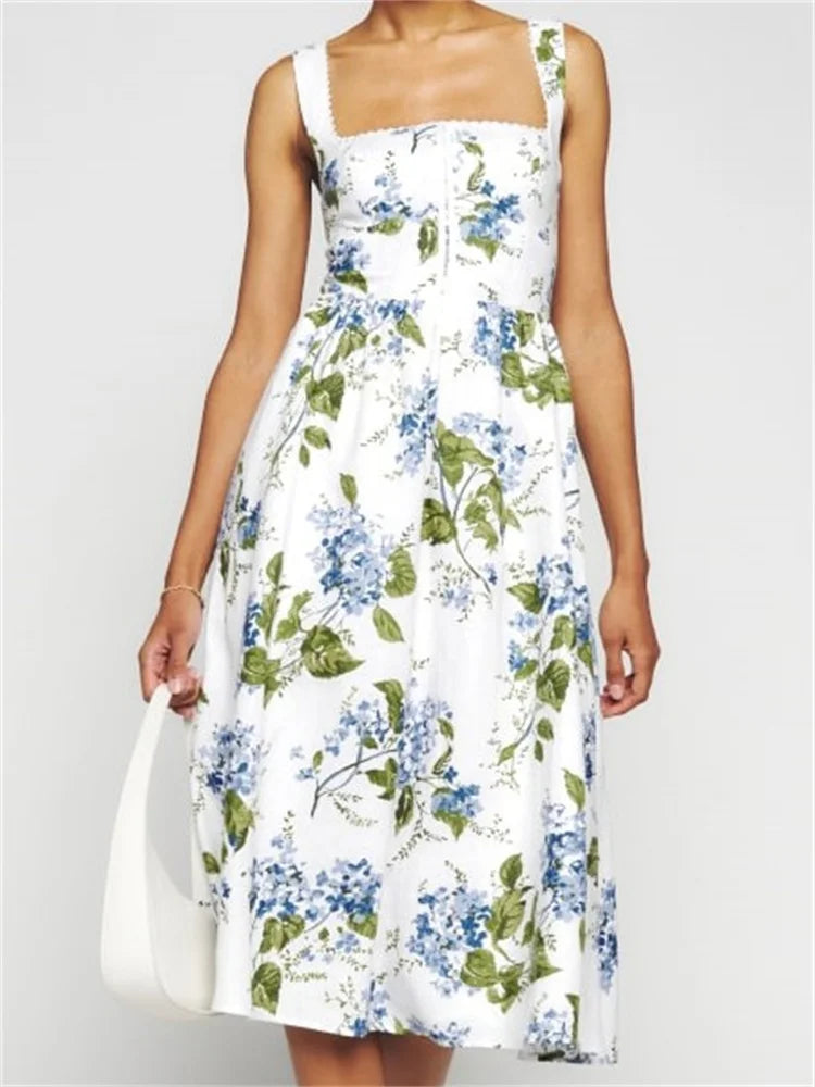 Refined Square Neck ButtonUp Sling High Waist ALine Summer Midi Dress