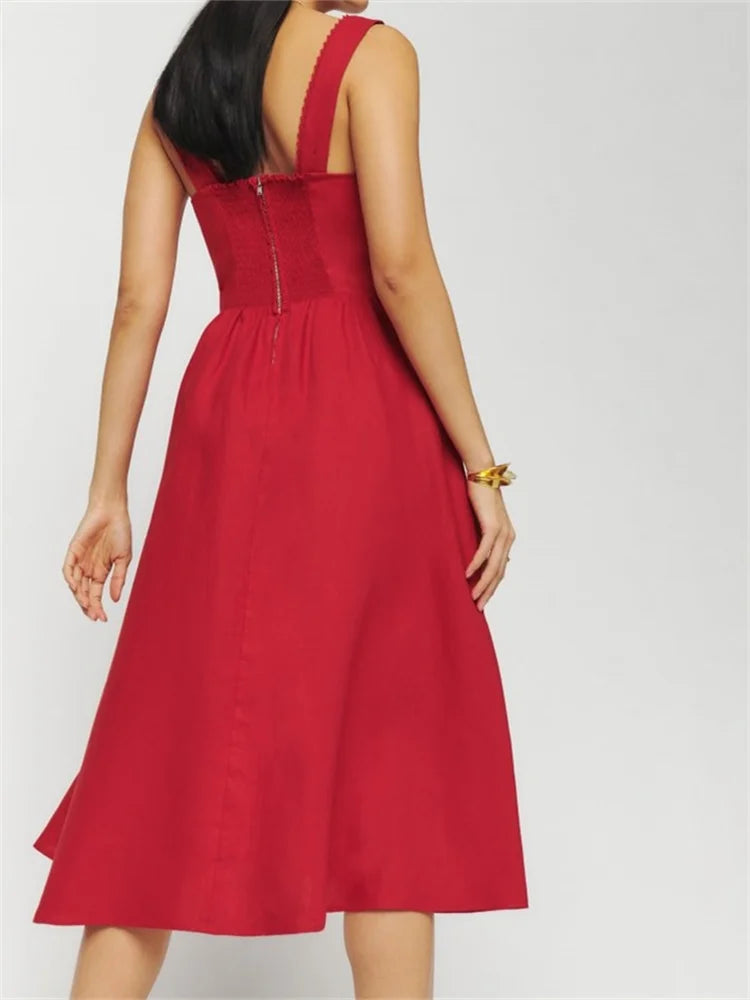 Refined Square Neck ButtonUp Sling High Waist ALine Summer Midi Dress