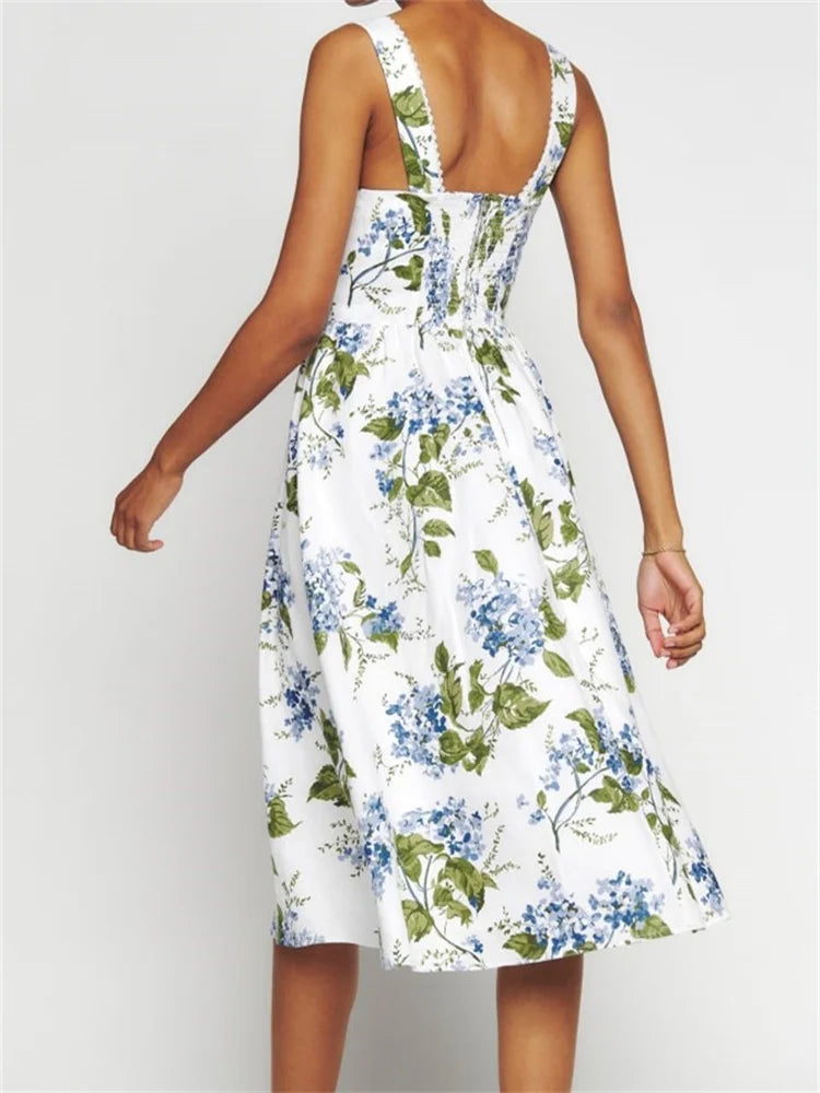 Refined Square Neck ButtonUp Sling High Waist ALine Summer Midi Dress
