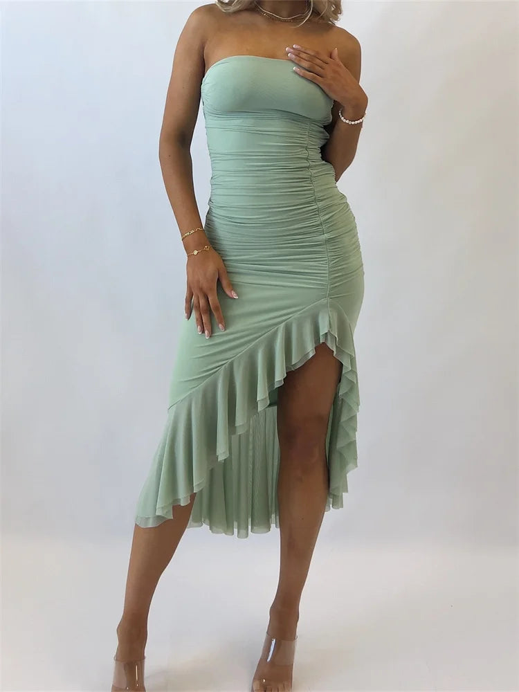 Tube Summer Strapless Off Shoulder Irregular Hem Ruffles Party Midi Dress