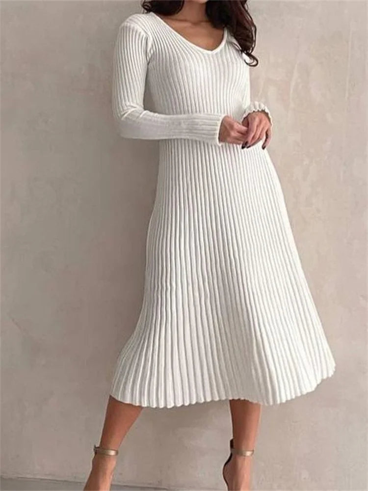 Ribbed Knitted Long Sleeve Slim Fit Solid Autumn Mid Midi Dress