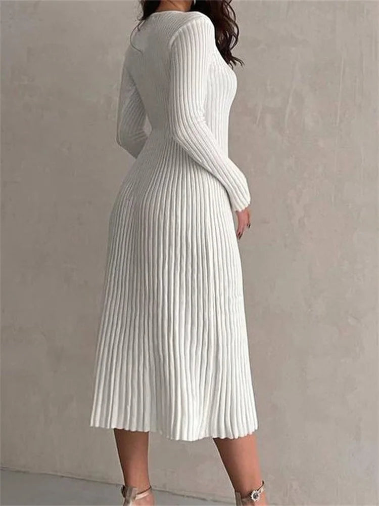 Ribbed Knitted Long Sleeve Slim Fit Solid Autumn Mid Midi Dress