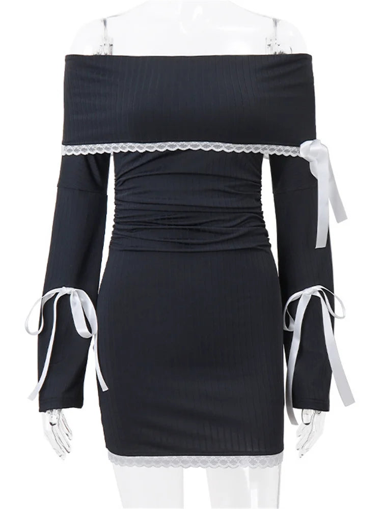 Patchwork Lace Off Shoulder Long Sleeve Mini Dresses