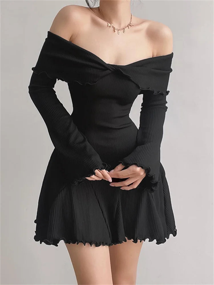 Flare Long Sleeve Ribbed Slash Neck Mini Dresses
