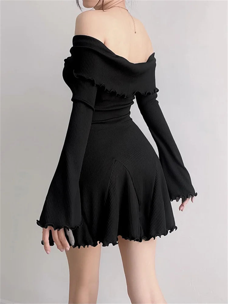 Flare Long Sleeve Ribbed Slash Neck Mini Dresses
