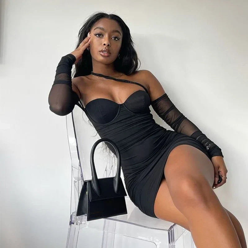 Mesh Black Long Sleeve Mini Dresses