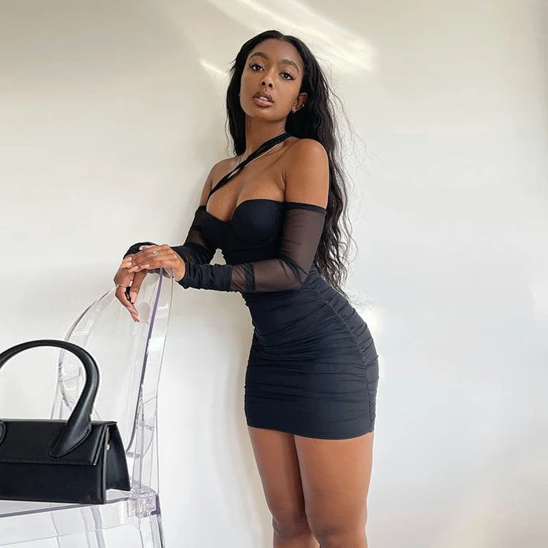 Mesh Black Long Sleeve Mini Dresses