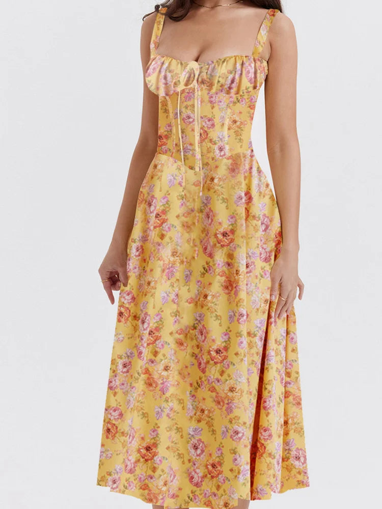 Sleeveless Ruched Strap Square Neck LaceUp High Split Midi Dress