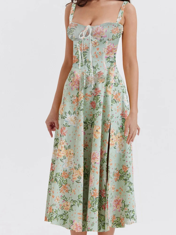 Sleeveless Ruched Strap Square Neck LaceUp High Split Midi Dress