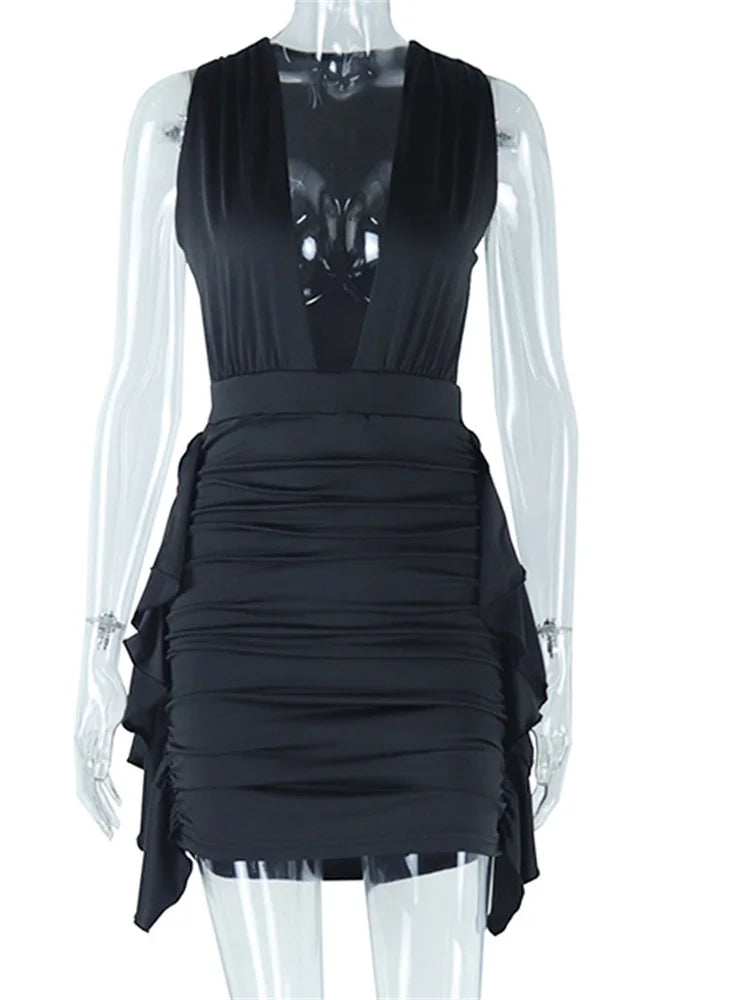 Vneck Deep Ruched Off Shoulder Mini Dresses