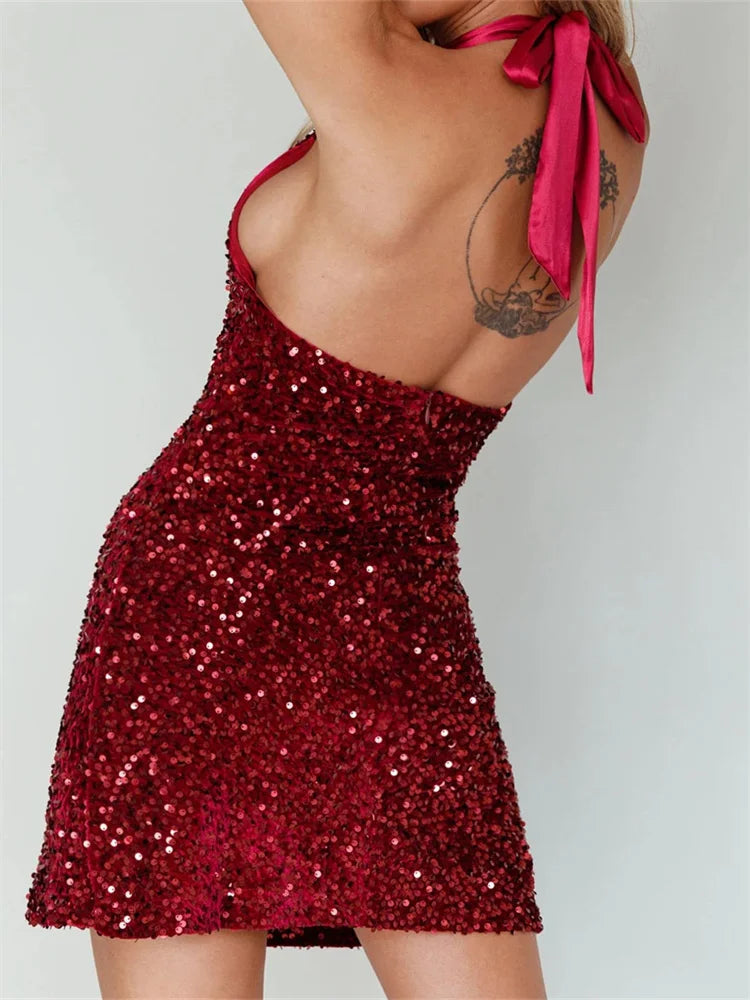 Halter Glitter Party Sequined TieUp Mini Dresses