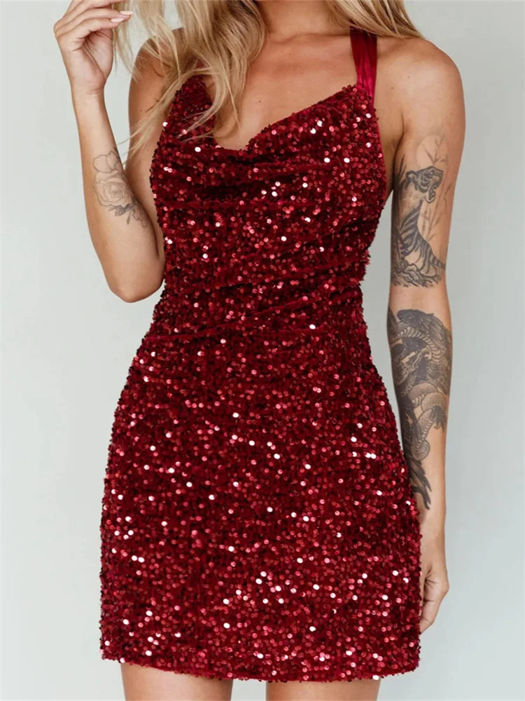 Halter Glitter Party Sequined TieUp Mini Dresses