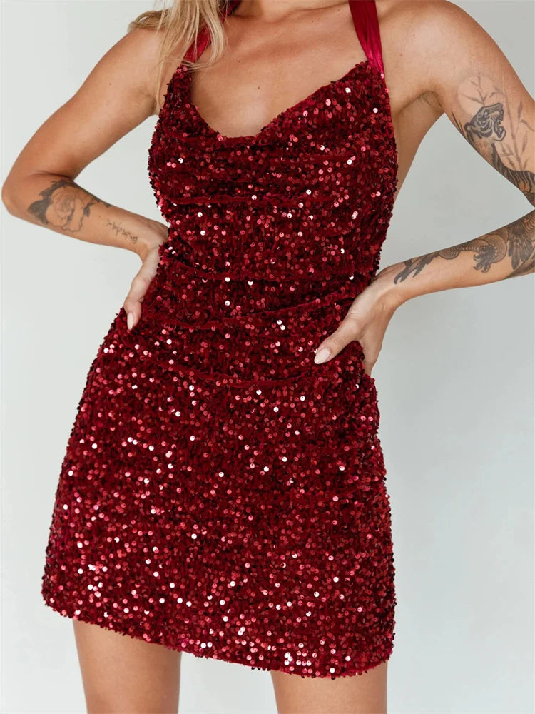 Halter Glitter Party Sequined TieUp Mini Dresses