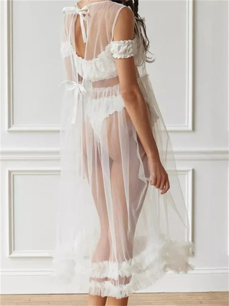 SeeThrough Sheer Solid Color Crew Neck Ruffles Sleeveless Midi Dress