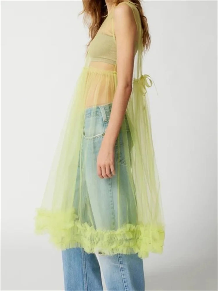 SeeThrough Sheer Solid Color Crew Neck Ruffles Sleeveless Midi Dress