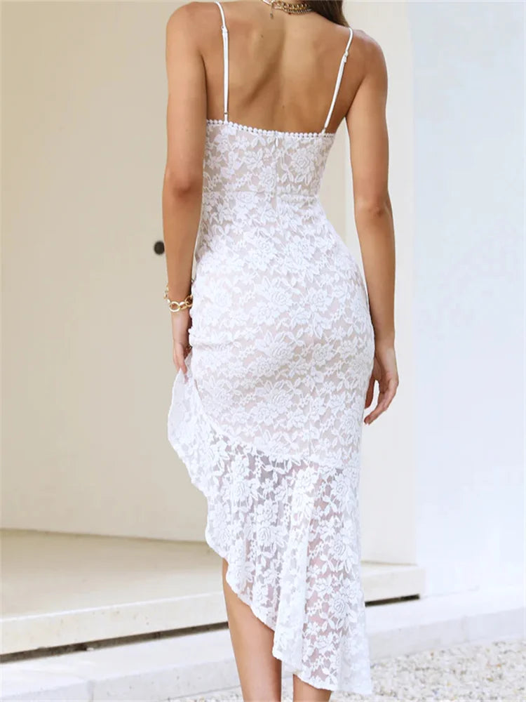 Split Side Lace VNeck Sleeveless Summer Irregular Hem Midi Dress