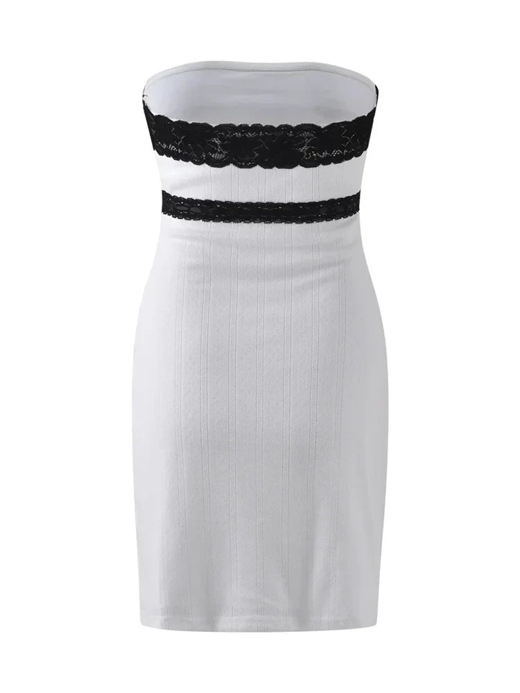 Shoulder Off Lace Trim Tube Mini Dresses