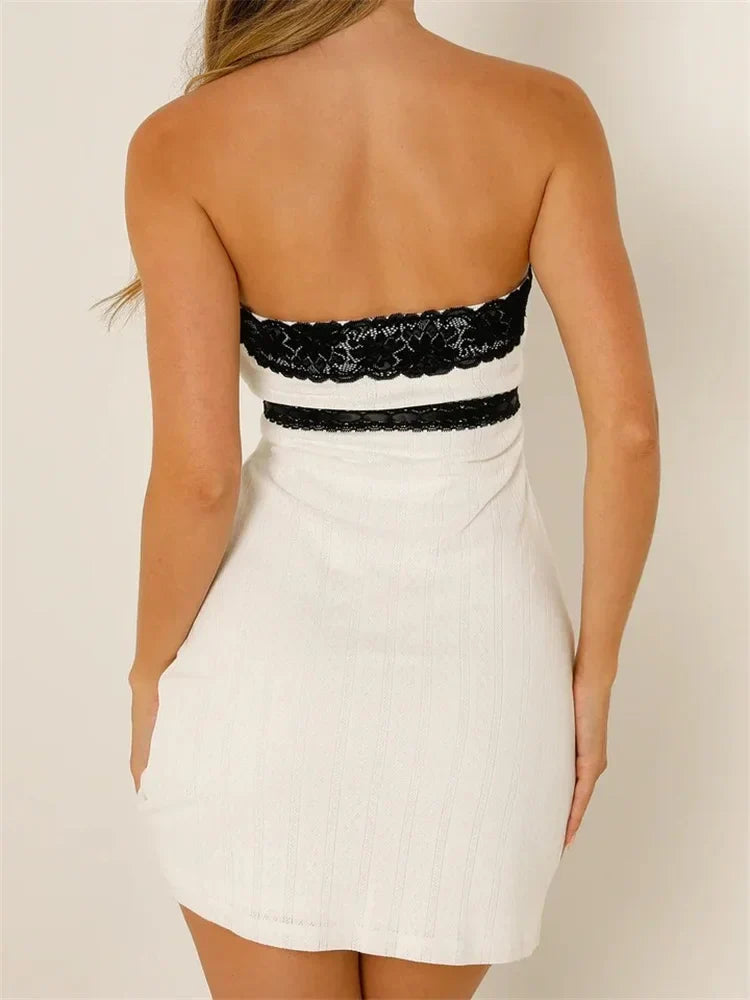 Shoulder Off Lace Trim Tube Mini Dresses